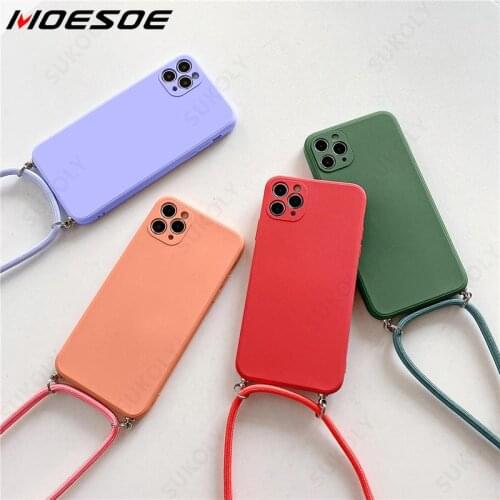 Square Liquid Silicone Lanyard Case For iPhone 12 Pro Max 11 XS Max XR 7 8 6 6s Plus Lens Protective Neck Strap Rope Soft Cover