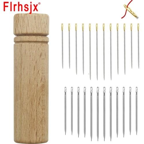 Wood Needle Case with 12Pcs Self Threading Needles Handy Sewing Needle Storage Tube Needlework Supplies for Home Sewing Tool