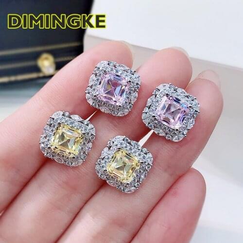 DIMINGKE Jewelry 7*7 Super Flash High Carbon Diamond Earrings 100%-S925 Sterling Silver Woman Lover Gift Wedding Birthday Party