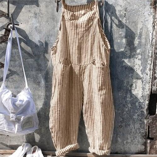 Design Loose Linen Jumpsuits Fashion Women Pocket Bandage Sleeveless Jumpsuit Stripe Bodysuit Playsuit Romper Боди Женское @40