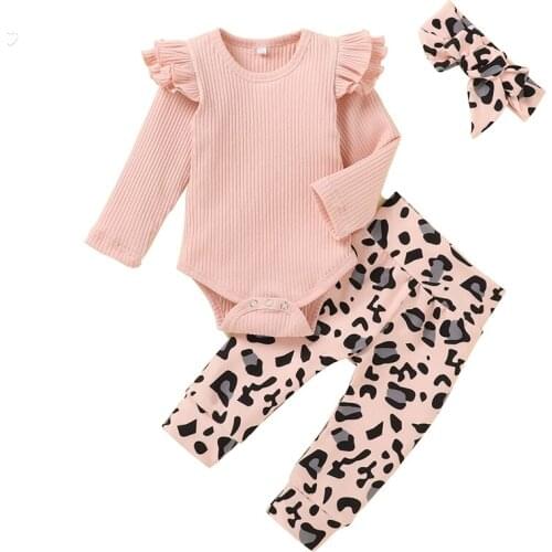 Baby Girl Clothes Set Knitting Solid Long Sleeve Bodysuits Floral Straight Print Pants Headband Outfits Casual Infant Clothes