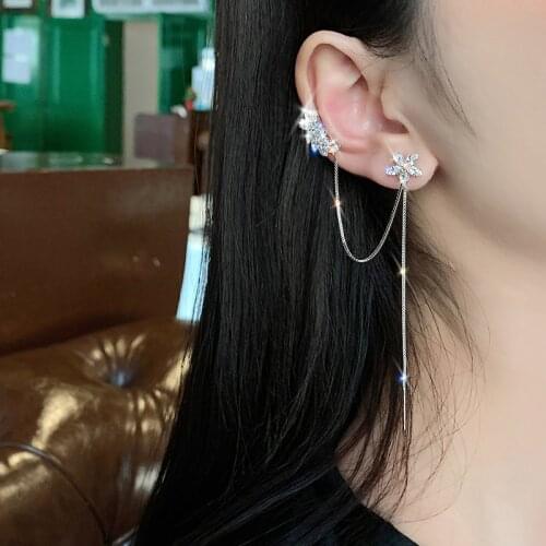 Korean Zircon Flower Long Tassel Earrings For Women Elegant Clip on Earrings 2020 New Earbone Clip Hanging Earrings Jewelry