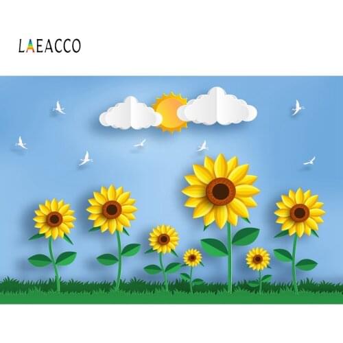 Laeacco Blue Sky White Clouds Sun Sunflowers Grassland Photography Backdrops Baby Birthday Photo Backgrounds Newborn Photophone