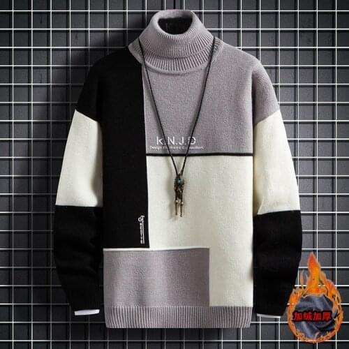 Fleece Mens Sweaters Turtleneck Super Warm Pullover Men Winter High Neck Patchwork Sweater Man Knitwear Mens Clothing Tops