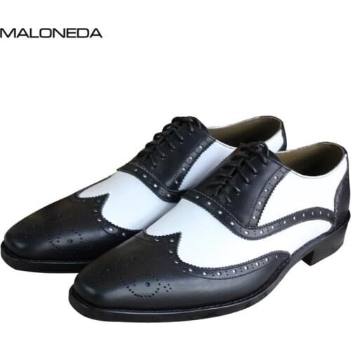 MALONEDA Bespoke White Match Black Genuine Leather Handmade Goodyear Brogue Oxfords Formal Dress Shoes For Men EUR size 37-47