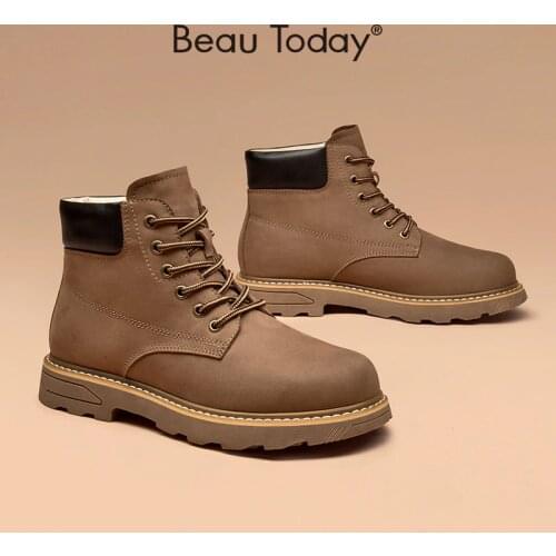 Men Winter Boots Genuine Cow Leather Lace Up Desert Boots with Warm Plush Outdoor Casual Shoes for Men Handmade BeauToday 54208