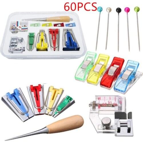 60pcs Fabric Bias Binding Tape Maker Kit DIY Sewing Quilting Tool Set Binder Foot Wooden Awl Clips Pins DIY Making Tool