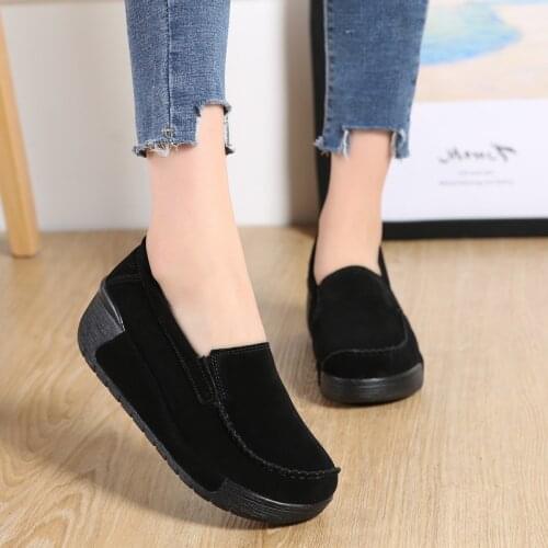 Genuine Leather Fashion Flat Platform Shoes Women Sneakers Black 2021 Cow Suede Leather Mid Heel Slip-On Casual Shoes 40