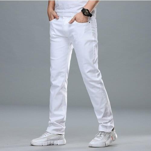 2021 New Casual Men Pants Cotton Slim Straight Jeans Fashion Business Design Colorful New Mens Business Jeans White Colors
