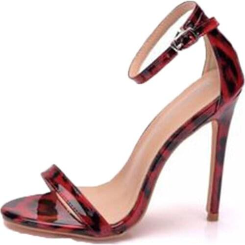 Large size wine leopard print high heel sandal thin heel fish mouth open toe sandal women high heel sandal
