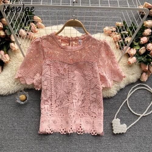 Neploe Sexy Hollow Out Lace Work Style Ol Blouse Women O Neck Short Sleeve Pullover Blusas Summer 2021 New Multicolor Shirt