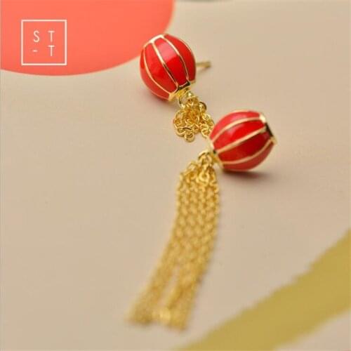 Ethnic Style Sweet Creative Tassel Red Lantern Asymmetrical 925 Sterling Silver Stud Earrings Drops For Women Ear Piercing SE118