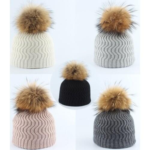 Beanies for kids boys girls real fur pom pom hat baby winter wool hats knitted warm cap 2019
