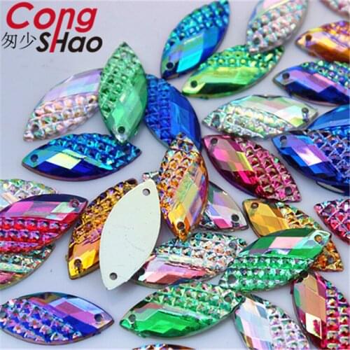 Cong Shao 50pcs 10*23mm AB Colorful Horse Eye Acrylic Rhinestone flatback stones and crystals sewing 2 Hole Garment Butto ZZ46