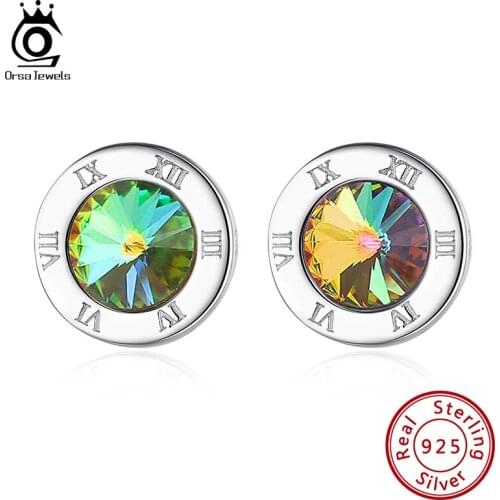 ORSA JEWELS Unique Shiny Crystal Round Stud Earrings for Female Silver 925 Jewelry Party Engagement Modern Earrings Gift SWE15