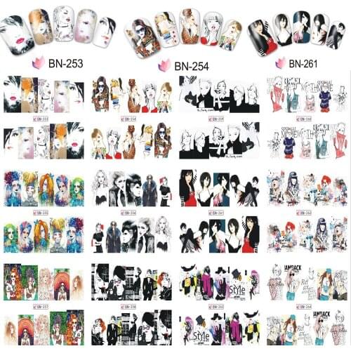 On sale !!12 in one big paper New Style Nail Art Water Sticker --The various images of women in 2017 for BN253-264