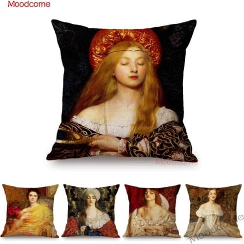 World Famous Painting Home Decorative Sofa Pillow Case Pre-Raphaelite Young Lady Vanity Oil Painting Art Linen Cushion Cover