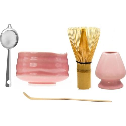 Japanese Ceramic Glossy Pink Matcha Bowl Macha Tea Whisk Chawan Chasen Holder Scoop Sifter Cup Ceremony Gift Set