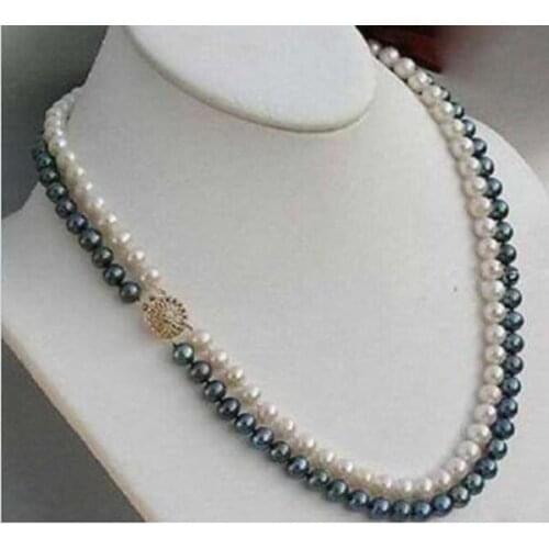 2 Rows 18" 9-10 mm Black & White Akoya SOUTH SEA Pearl Necklace 14K/20 Gold Clasp