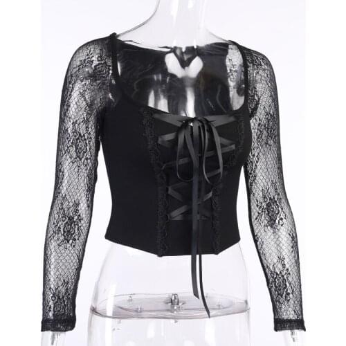 2021 Spring Women Sexy T-shirt Vintage Square Collar Tops Goth Bandage Lace Black T-shirts Gothic Streetwear Casual Mesh Tee