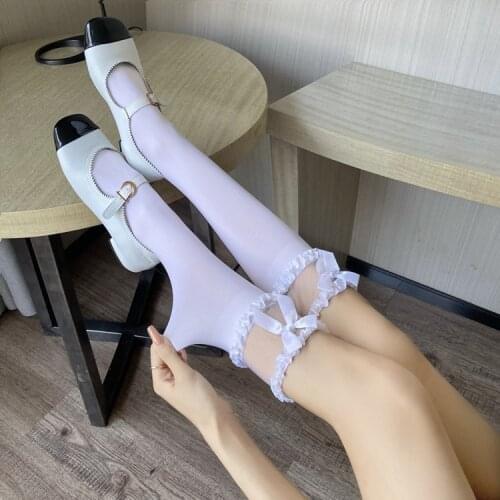 Women Lolita Lace Stockings Multi-layer Satin Lace Bow Socks Knee-Length JK Velvet Socks Japanese Harajuku College Sweet Socks