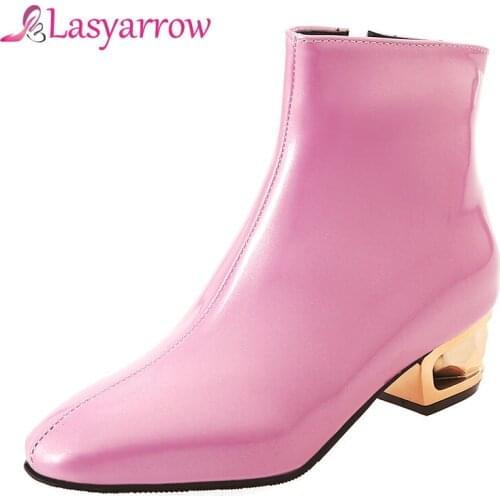 Lasyarrow Patent Leather Ankle Boots For Women Metal Square Heel Short Martin Boots Autumn Winter Womens Shoes Size 33-48 F838