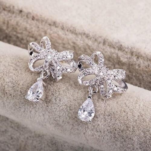 Brillian Winter New 2020 Japanese and Korean Aaacz Bow Water Drops Earrings for Women Wedding Bride Fashion Jewelry