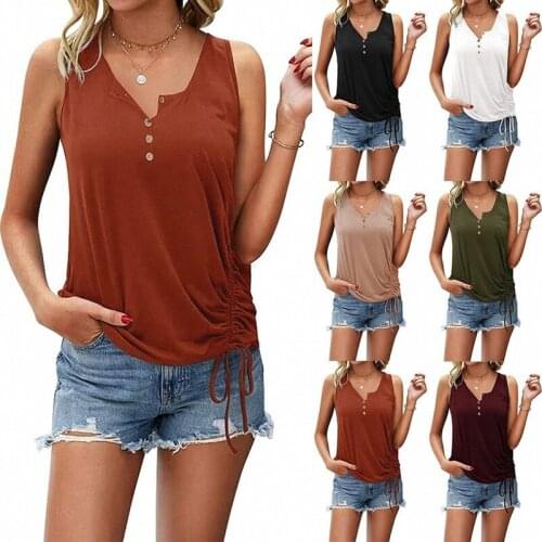 Womens Solid Color U-neck Casual Tops Sexy Single-breasted Half-opening Blouses Drawstring Slimming Ladies Vest T-shirt Female