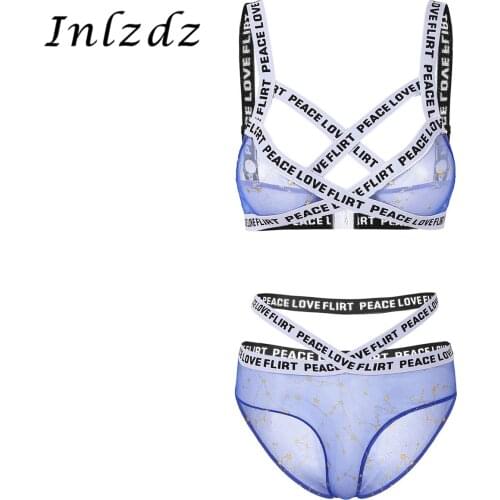 Womens Mesh Erotic Lingerie Stars Print Sheer Elastic Shoulder Straps Unlined Bra Top with High Waist Briefs Sexy Underwear Set