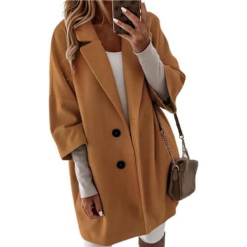 3/4 Sleeve Two Buttons Women Coat Autumn Winter Solid Color Lapel Side Pockets Long Warm Woolen Coat Outerwear пальто женское