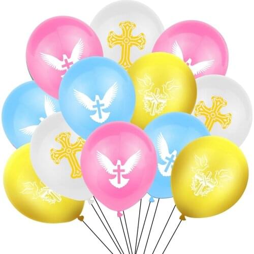 12pcs God Bless Cross Latex Balloons Pink Baptism Balloons Forked Holy First Communion Party Christening Decoration Supplies