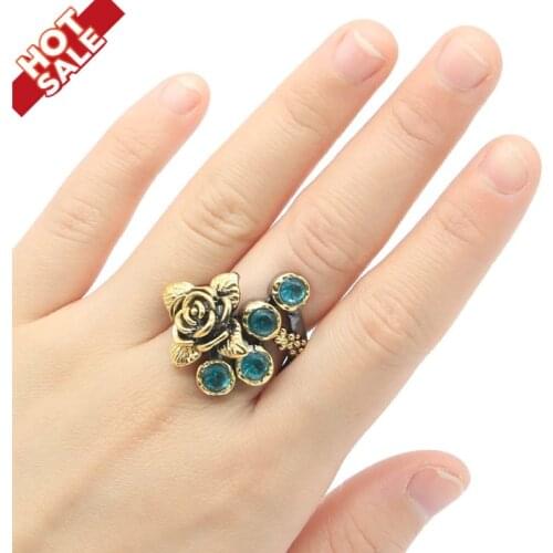 27x25mm Neo-Gothic Flowers Vintage Created Blue Aquamarine For Women Black Gold Silver Rings Punk Eye Catching