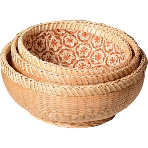 3pcs/set Round Bamboo Food Storage Basket Country-style Hand Woven Multi-purpose Bread Basket For Fruit Vegetable Food Serving