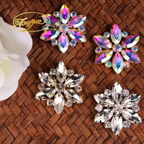 4.5x4.5cm Clear Crystal AB Round Sewing On Rhinestone Applique 1 pcs Gold Base Wedding Dress