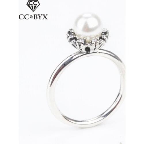 CC Vintage Jewelry Rings For Women Silver Freshwater Pearl Cubic Zirconia White Bead Ring Bride Wedding Engagement Bijoux CC1603