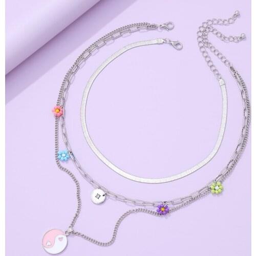 Threelayered Tai Chi Love Heart Beaded Floral Round Coin Pendant Necklace for Women Ladies Silver Color Chain Necklace Jewelry