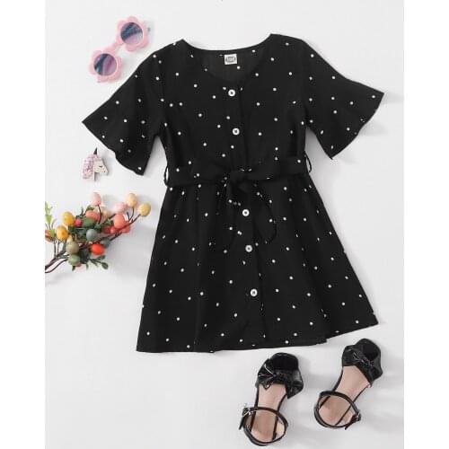 Children Black Polka Dot Print Dress With Waistband Flared Short Sleeve O-Neck High Waist Sundress Casual Wear For Summer