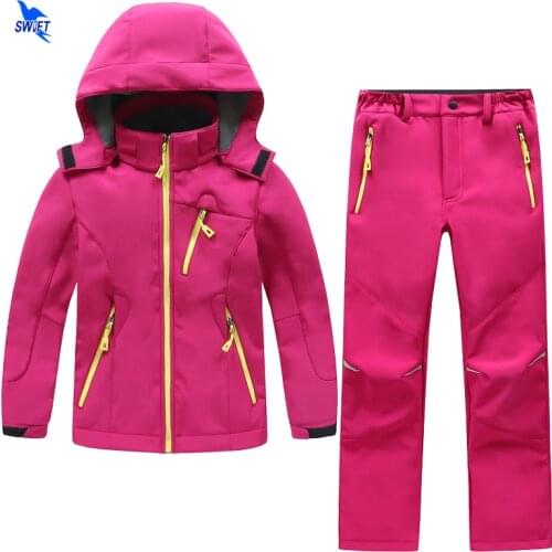 2 Pcs Outdoor Waterproof Kids Softshell Hiking Clothing Boys Girls Winter Fleece Jacket+Pants Skiing Camping Trekking Sport Suit