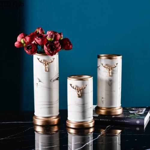 Marble Texture Ceramics Vase Golden Deer Head Vases for Flowers Floral Ornaments Flower Insert American Rustic Home Decor