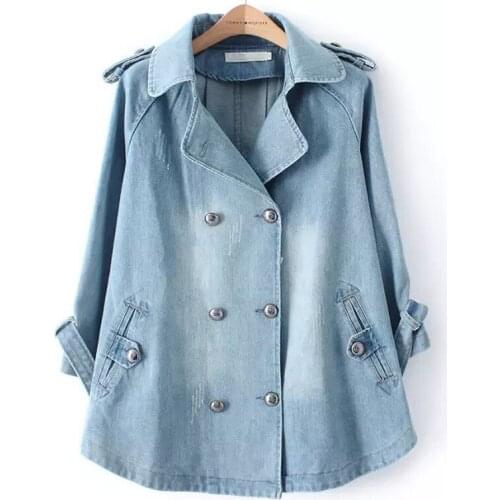 Denim Cloak Jacket Women Spring Autumn New Double-Breasted Loose Plus Size Basic Coat Suit Collar Windbreaker A-line Top Outwear