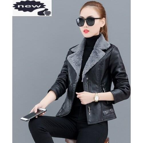 Korean New Long Sleeve Fleece Lining Womens Faux Leather Jackets Motorcycle Fashion Lapel Slim Fit Thick Short Coats Plus Size
