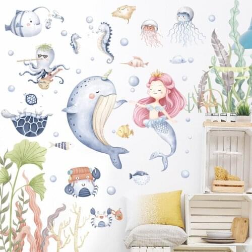 LuanQI Cartoon Mermaid Ocean Animal Whale Wall Stickers Home Decor Nursery School Wall Decals Kid Room PVC Mural DIY Wallpaper