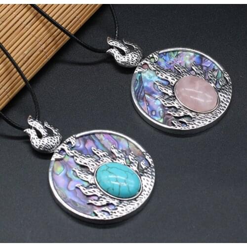 Trendy Natural Abalone Shell Pendant Necklace Unique Flame Rose Quartzs Charms Leather Chain Necklaces for Women Jewelry Gift