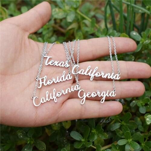 Stainless Steel California Necklace Gold Plated Handwritten Script Florida New York Texas CA State Pendant Choker Chain BFF