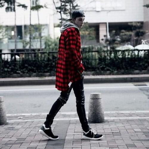 High Quality Scotland Red Black Plaid Shirt Men Hip Hop Long Sleeve Side Zipper Extend Length Shirts Autumn Hiphop Clothing 2021