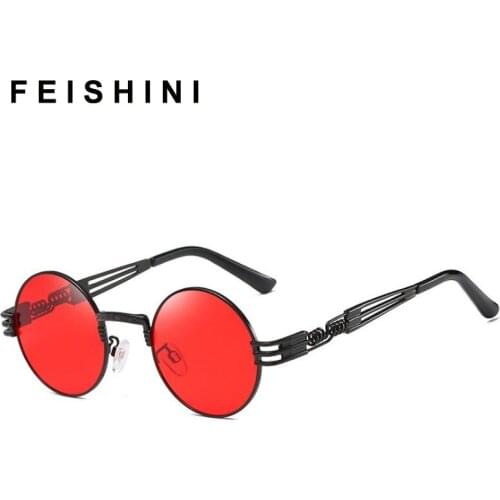 FEISHINI 2020 Red Punk Polarized Sunglasses Men Round Alloy Frame Vintage Brand Designer Women Sun Glasses For Driving Party UVA