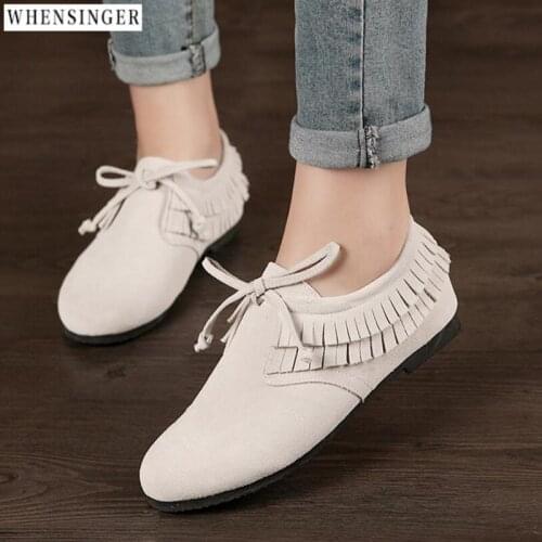 Whensinger - Women Flat Shoes loafers Genuine Leather Casual tassel Suede Tie Flats Shoe