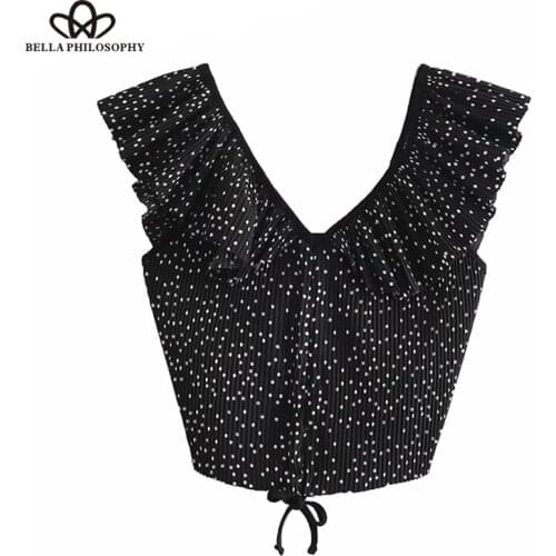 Vintage Sexy Polka Dot Ruffled Cropped Tops Women Blouses 2019 Fashion V Neck drawstring Pleated Shirts Casual Blusas Mujer