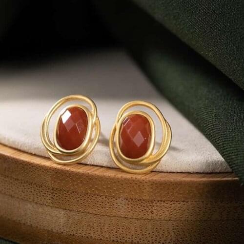 Natural Red Agate Earrings S925 Silver Oval Stud Earrings For Women High Quality Earrings
