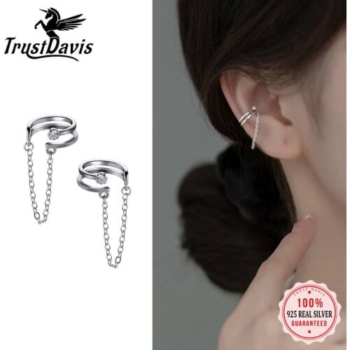 TrustDavis Real 925 Sterling Silver Double Layer Shiny CZ Chain Clip Earrings For Women Wedding Valentines Day Jewelry DA2395